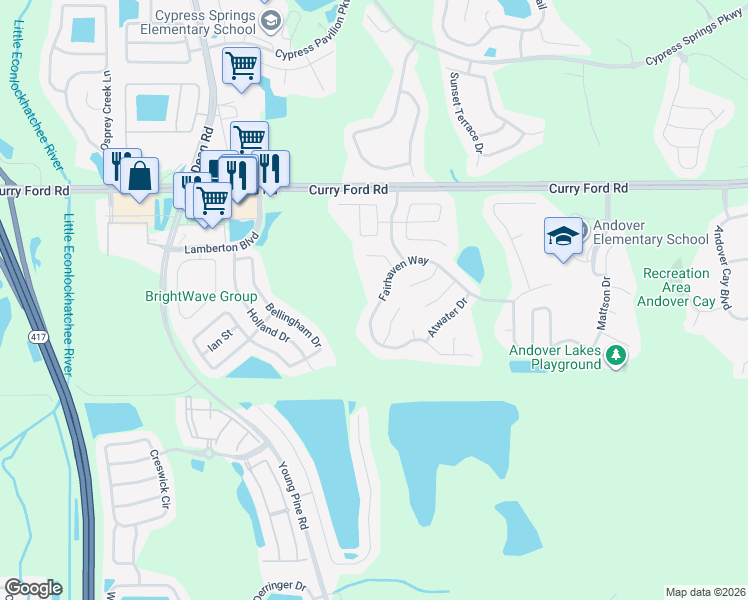 map of restaurants, bars, coffee shops, grocery stores, and more near 10713 Fairhaven Way in Orlando