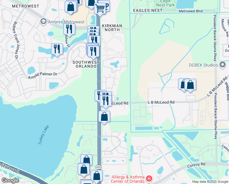 map of restaurants, bars, coffee shops, grocery stores, and more near 3367 South Kirkman Road in Orlando