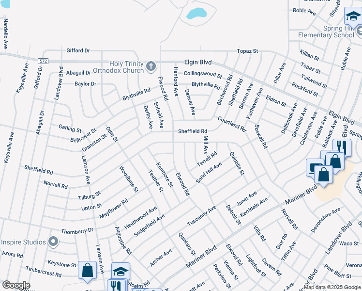 map of restaurants, bars, coffee shops, grocery stores, and more near 5189 Winterville Road in Spring Hill