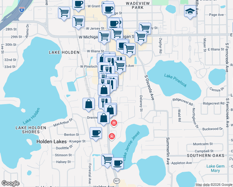map of restaurants, bars, coffee shops, grocery stores, and more near 3349 South Orange Avenue in Orlando