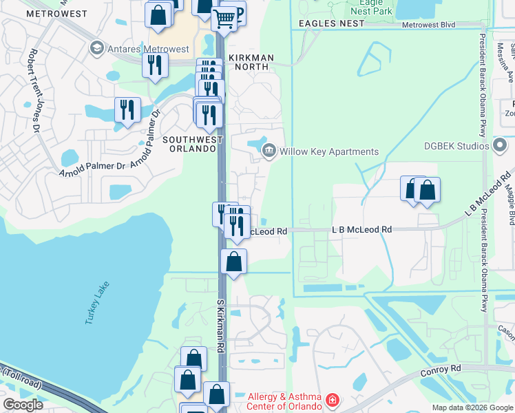 map of restaurants, bars, coffee shops, grocery stores, and more near 3367 South Kirkman Road in Orlando