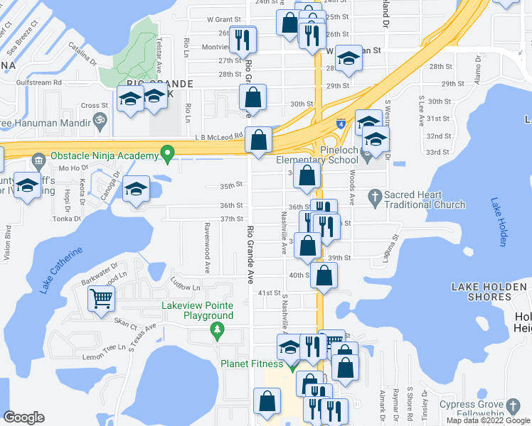 map of restaurants, bars, coffee shops, grocery stores, and more near 1416 36th Street in Orlando