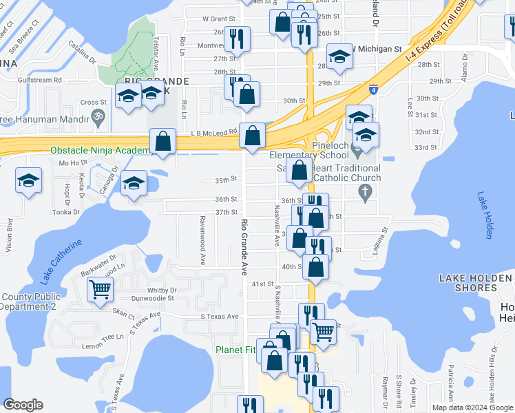 map of restaurants, bars, coffee shops, grocery stores, and more near 1414 36th Street in Orlando