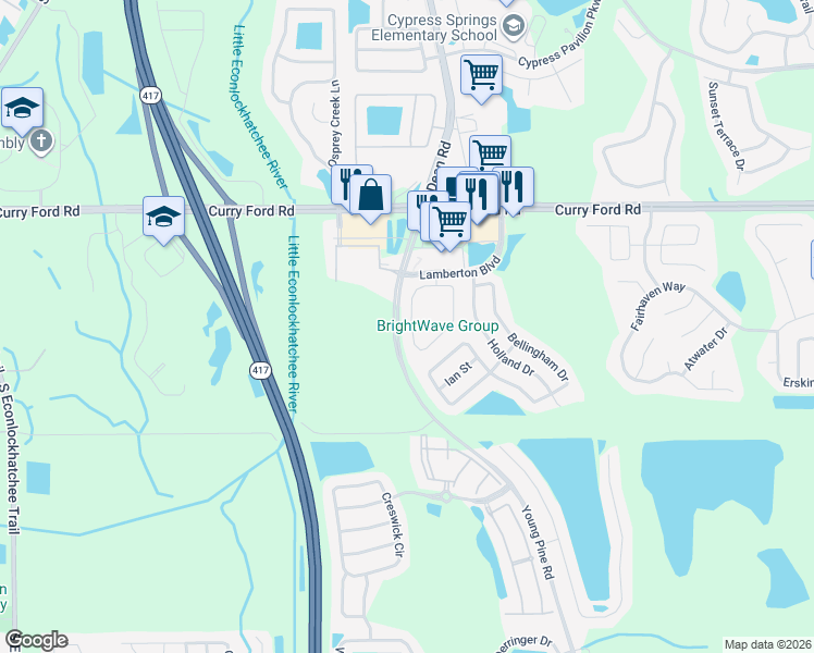 map of restaurants, bars, coffee shops, grocery stores, and more near 10355 Andover Point Circle in Orlando