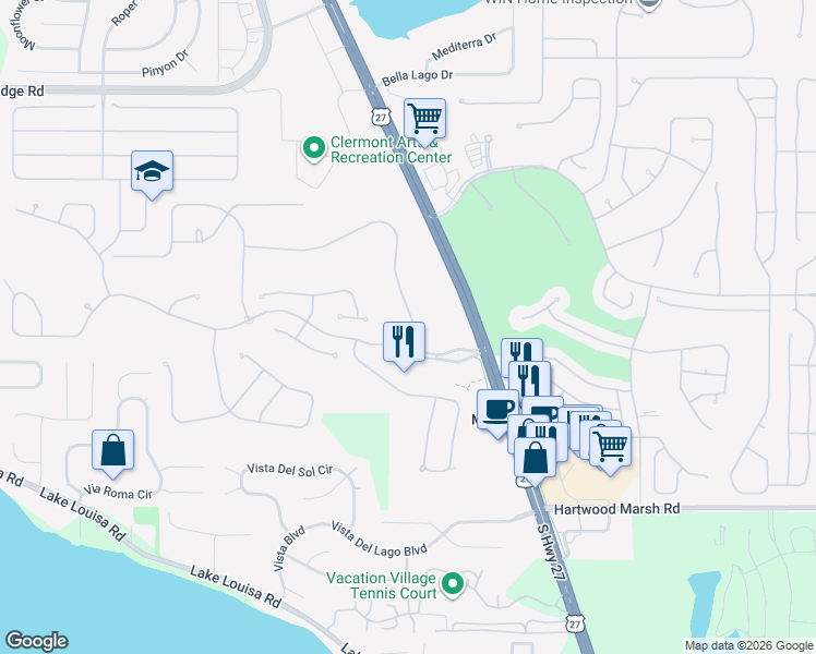 map of restaurants, bars, coffee shops, grocery stores, and more near 4045 Beacon Ridge Way in Clermont