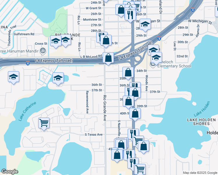 map of restaurants, bars, coffee shops, grocery stores, and more near 1416 36th Street in Orlando
