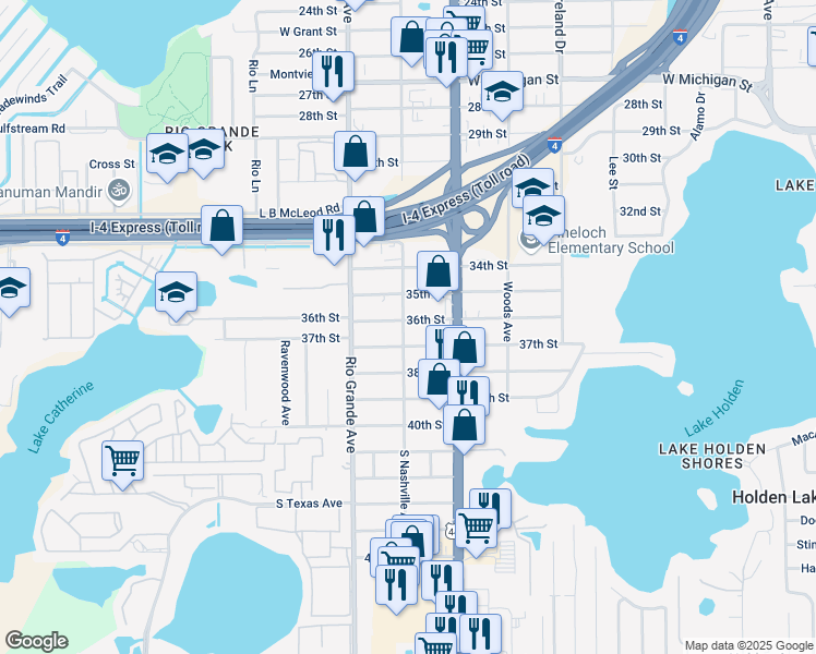 map of restaurants, bars, coffee shops, grocery stores, and more near 3601 Nashville Avenue in Orlando