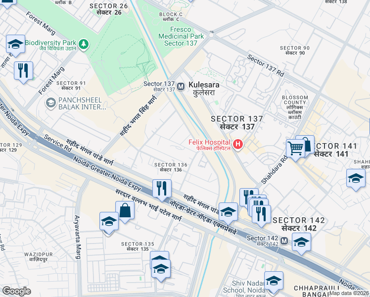 map of restaurants, bars, coffee shops, grocery stores, and more near Noida Greater Noida Express Way in New Okhla Industrial Development Area