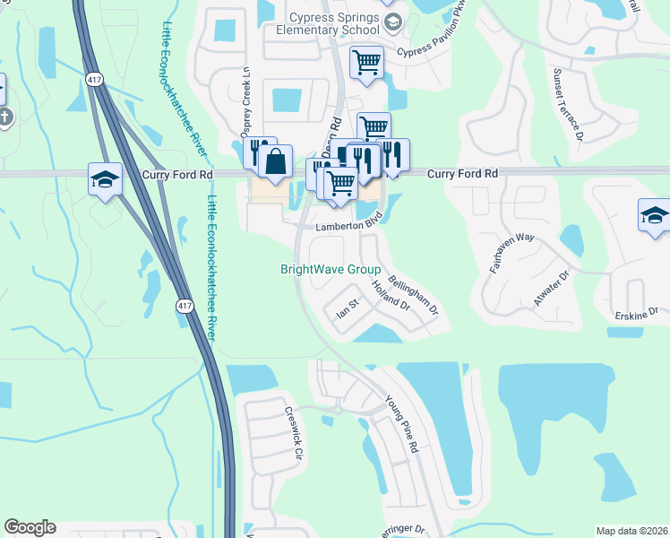 map of restaurants, bars, coffee shops, grocery stores, and more near 10226 Andover Point Circle in Orlando