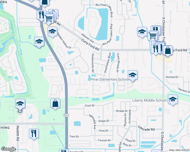 map of restaurants, bars, coffee shops, grocery stores, and more near 3220 Dreyfushire Boulevard in Orlando
