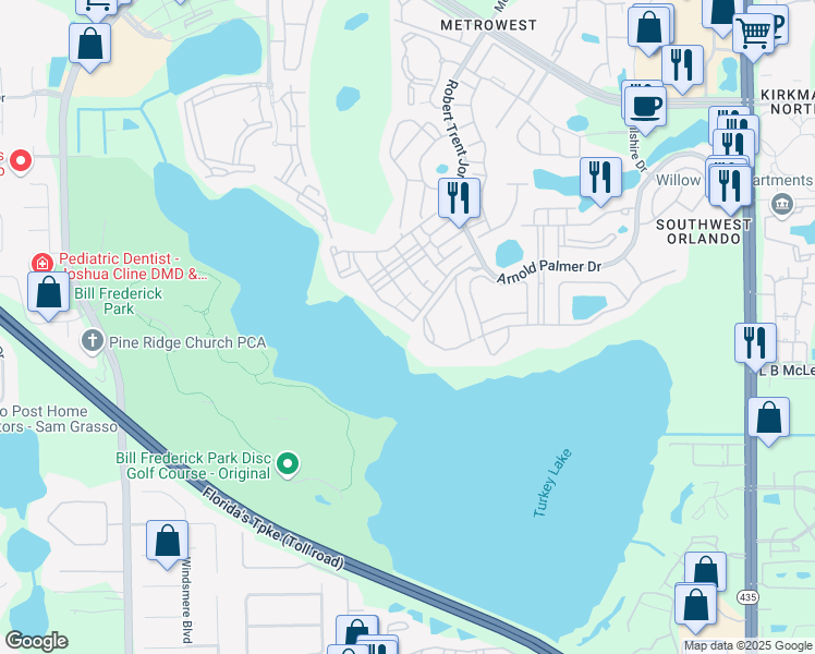map of restaurants, bars, coffee shops, grocery stores, and more near 3480 Soho Street in Orlando