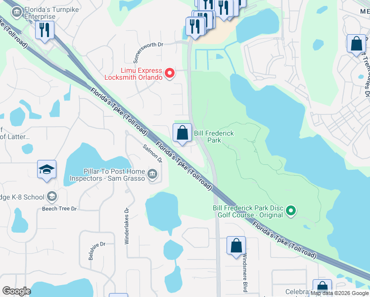 map of restaurants, bars, coffee shops, grocery stores, and more near 3708 Lasson Court in Orlando