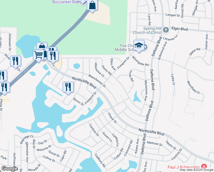 map of restaurants, bars, coffee shops, grocery stores, and more near 9177 Manchester Street in Spring Hill