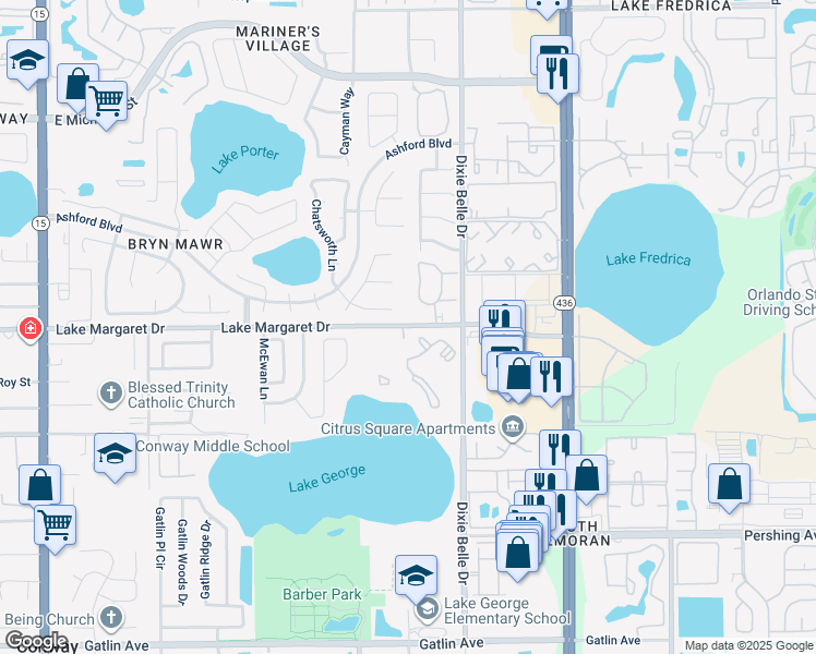 map of restaurants, bars, coffee shops, grocery stores, and more near 5426 Lake Margaret Drive in Orlando