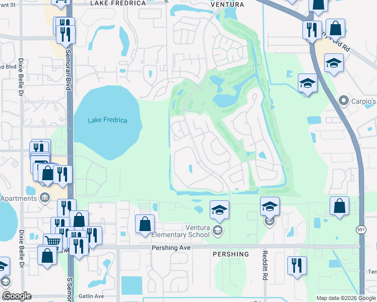 map of restaurants, bars, coffee shops, grocery stores, and more near 3640 Southpointe Drive in Orlando