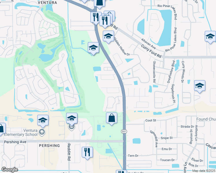 map of restaurants, bars, coffee shops, grocery stores, and more near 6905 Long Needle Court in Orlando