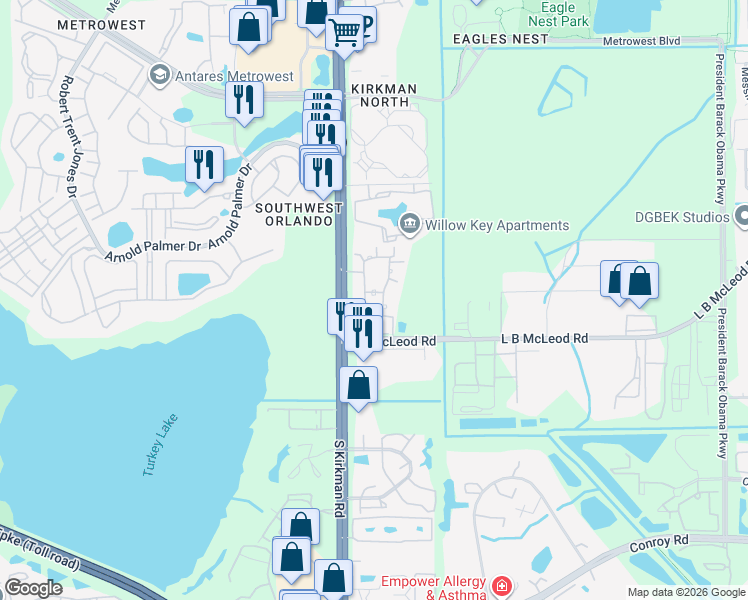 map of restaurants, bars, coffee shops, grocery stores, and more near 3367 South Kirkman Road in Orlando