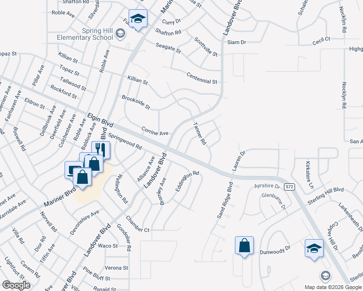 map of restaurants, bars, coffee shops, grocery stores, and more near 5192 Woodridge Lane in Spring Hill