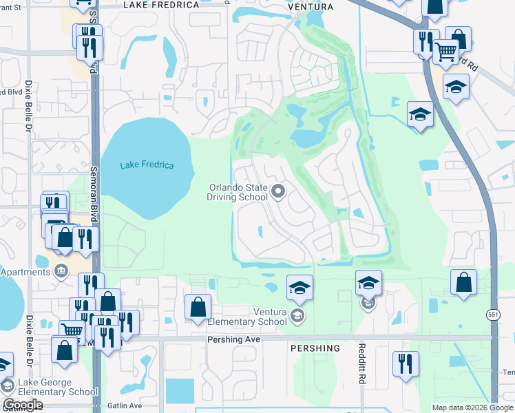 map of restaurants, bars, coffee shops, grocery stores, and more near 3640 Southpointe Drive in Orlando