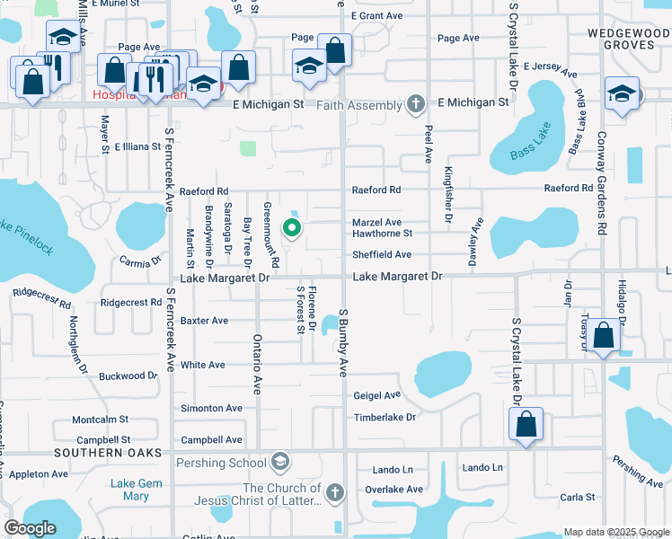 map of restaurants, bars, coffee shops, grocery stores, and more near 2133 Lake Margaret Drive in Orlando