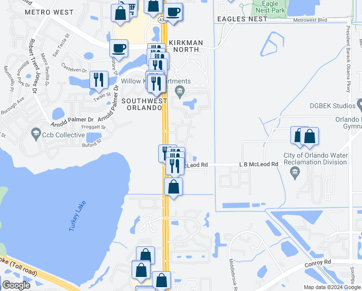 map of restaurants, bars, coffee shops, grocery stores, and more near 3367 South Kirkman Road in Orlando