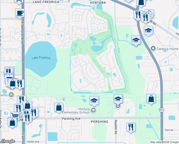 map of restaurants, bars, coffee shops, grocery stores, and more near 3601 Idle Hour Drive in Orlando