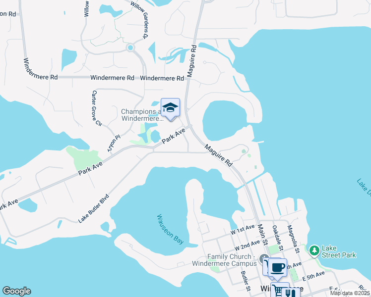 map of restaurants, bars, coffee shops, grocery stores, and more near 11103 Lake Butler Boulevard in Windermere