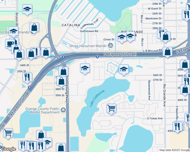map of restaurants, bars, coffee shops, grocery stores, and more near 2202 Tonka Drive in Orlando