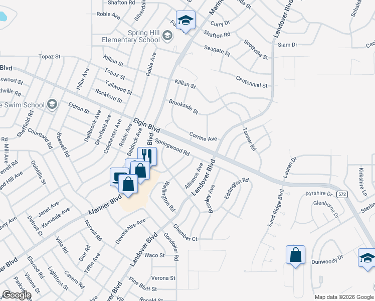 map of restaurants, bars, coffee shops, grocery stores, and more near 5268 Springwood Road in Spring Hill