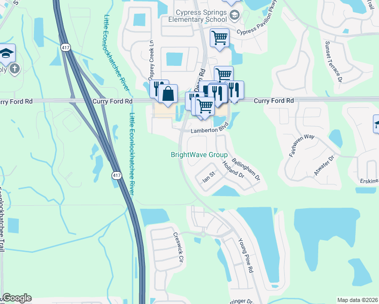 map of restaurants, bars, coffee shops, grocery stores, and more near 10355 Andover Point Circle in Orlando