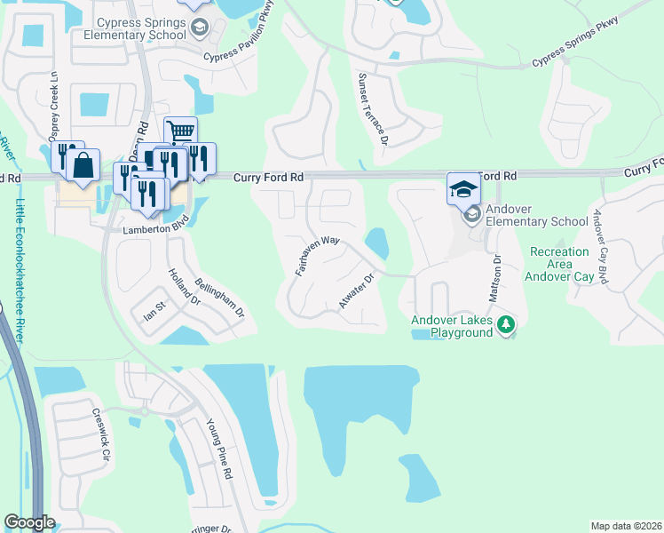 map of restaurants, bars, coffee shops, grocery stores, and more near 3143 Denham Court in Orlando