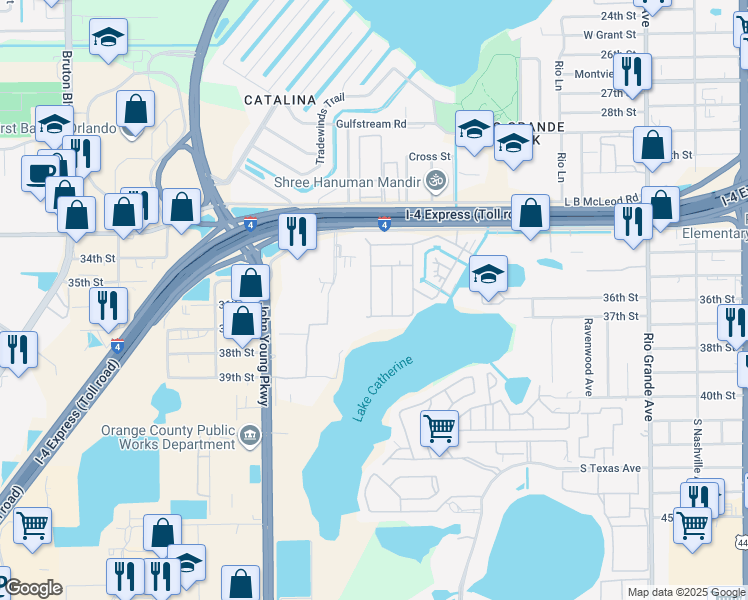 map of restaurants, bars, coffee shops, grocery stores, and more near 2202 Tonka Drive in Orlando