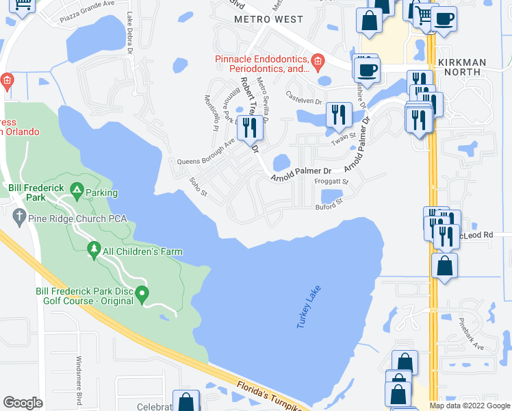 map of restaurants, bars, coffee shops, grocery stores, and more near 108 Ranelagh Drive in Orlando