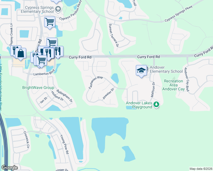 map of restaurants, bars, coffee shops, grocery stores, and more near 3114 Cambria Court in Orlando