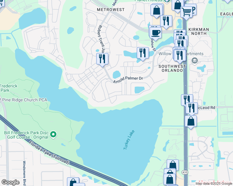 map of restaurants, bars, coffee shops, grocery stores, and more near 104 Daysbrook Drive in Orlando