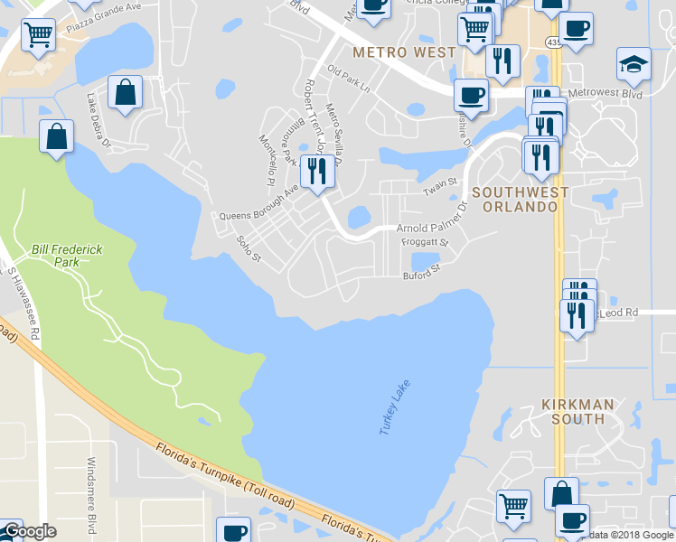 map of restaurants, bars, coffee shops, grocery stores, and more near 108 Ranelagh Drive in Orlando