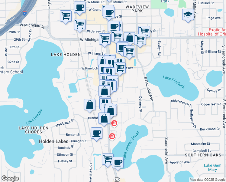 map of restaurants, bars, coffee shops, grocery stores, and more near 3305 South Orange Avenue in Orlando