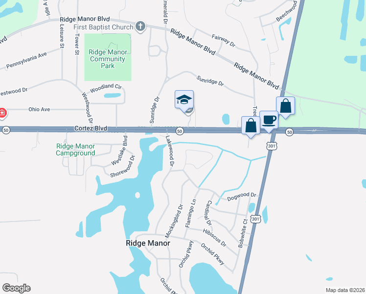 map of restaurants, bars, coffee shops, grocery stores, and more near 5175 Azalea Circle in Dade City