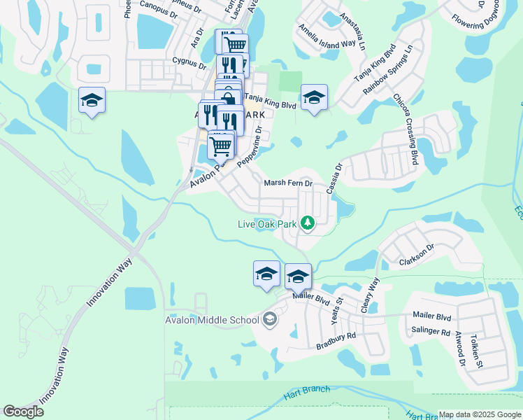 map of restaurants, bars, coffee shops, grocery stores, and more near 13063 Lake Live Oak Drive in Orlando