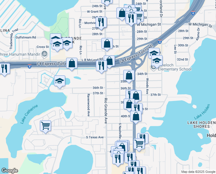 map of restaurants, bars, coffee shops, grocery stores, and more near 1416 36th Street in Orlando