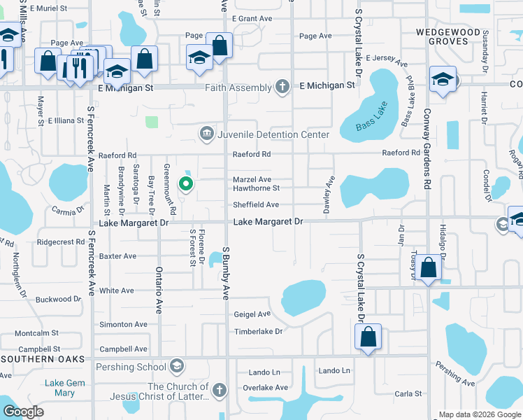 map of restaurants, bars, coffee shops, grocery stores, and more near 2524 Sheffield Avenue in Orlando