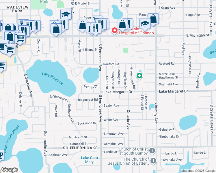 map of restaurants, bars, coffee shops, grocery stores, and more near 3057 Martin Street in Orlando