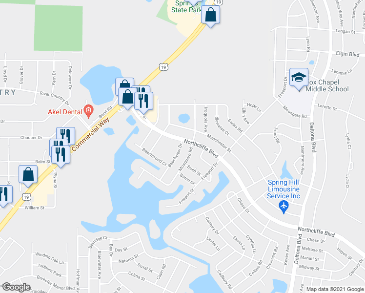map of restaurants, bars, coffee shops, grocery stores, and more near 5280 Beachview Drive in Spring Hill