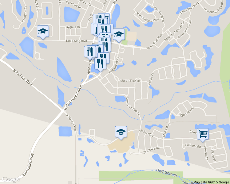 map of restaurants, bars, coffee shops, grocery stores, and more near 13063 Lake Live Oak Dr in Orlando