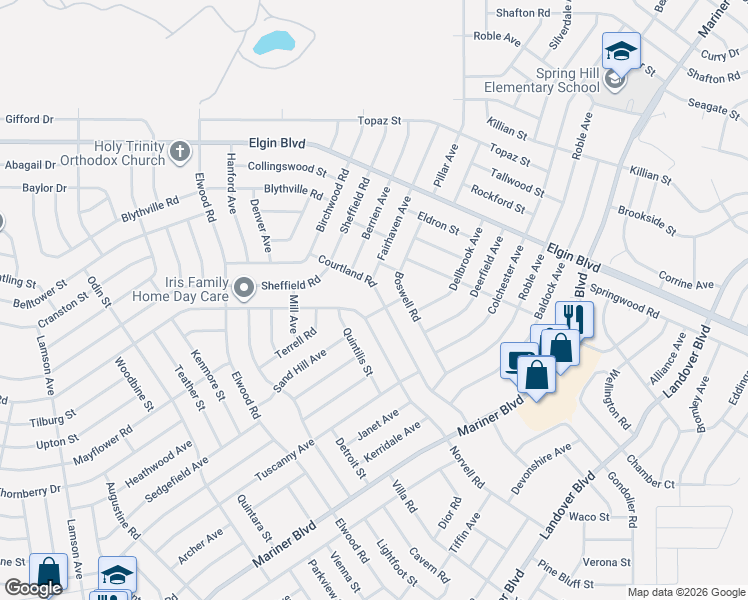 map of restaurants, bars, coffee shops, grocery stores, and more near 5225 Courtland Road in Spring Hill