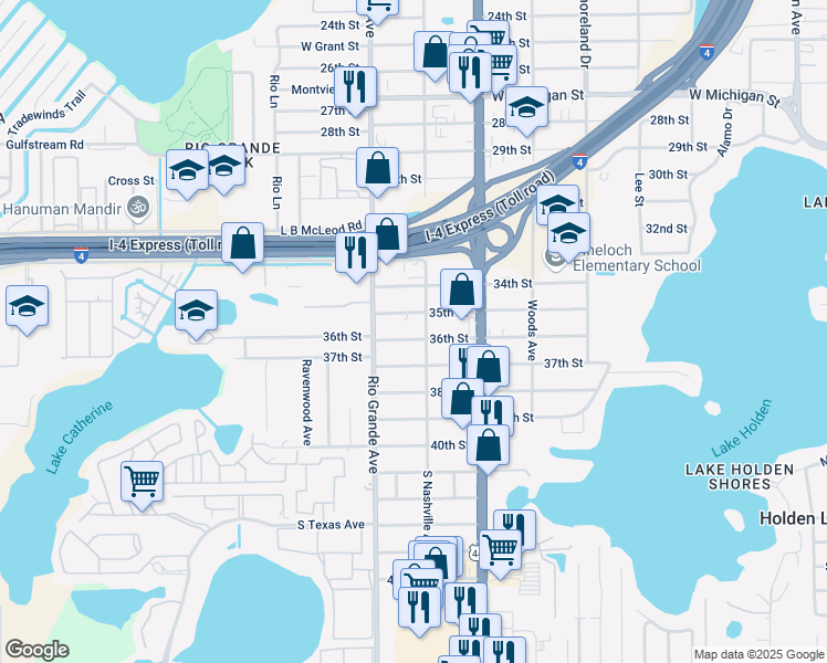 map of restaurants, bars, coffee shops, grocery stores, and more near 3601 Nashville Avenue in Orlando