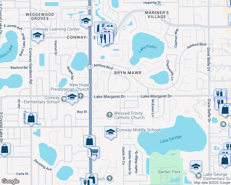 map of restaurants, bars, coffee shops, grocery stores, and more near South Saint Brides Circle in Orlando