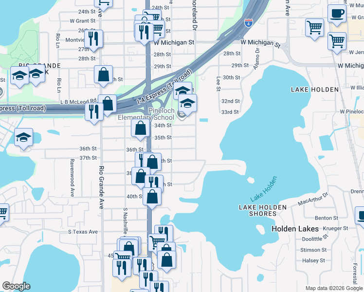 map of restaurants, bars, coffee shops, grocery stores, and more near 1038 36th Street in Orlando