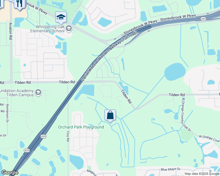 map of restaurants, bars, coffee shops, grocery stores, and more near 14872-14920 Tilden Road in Winter Garden