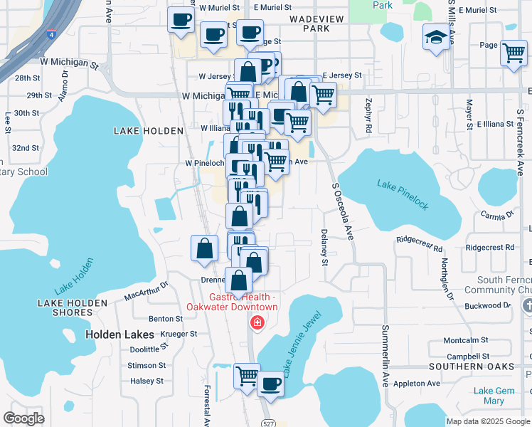 map of restaurants, bars, coffee shops, grocery stores, and more near 3349 South Orange Avenue in Orlando